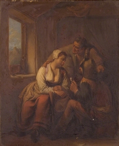 Three Peasants conversing near a Window by Anonymous
