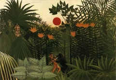 Tropical Landscape: American Indian Struggling with a Gorilla