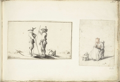 Twee staande mannen en een naaiend meisje by Harmen ter Borch
