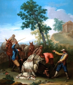 Un mulo caído con su carga y unos arrieros levantándolo by Ginés Andrés de Aguirre