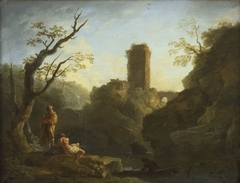 Un paysage avec un arbre et deux hommes, une tour en arrière-plan