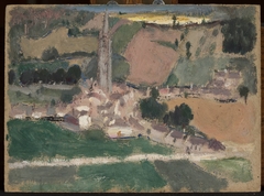 View of a small town with a church tower by Tadeusz Makowski
