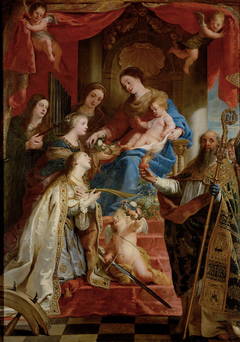 Virgin with child and saints Maria Magdalen, Cecilia, Dorothea, Catharina and Augustine by Gaspar de Crayer