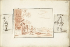 Vrouw met een stoof, twee mannen bij een landshuis en een man met manden by Harmen ter Borch