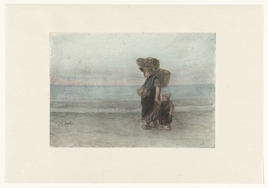 Vrouw met kind, lopend over het strand