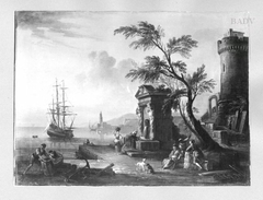 Vue d'un port avec fontaine by Jean-Baptiste Lallemand