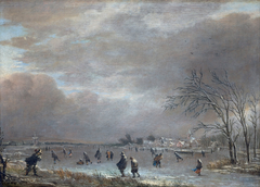 Winter Landscape with Skaters on a Frozen River by Aert van der Neer