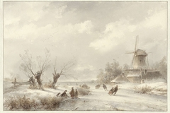 Winterlandschap met schaatsenrijders bij een molen by Lodewijk Johannes Kleijn