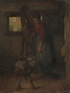Woman with spinning wheel by Ferdinand Oldewelt