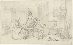 Zeventiende-eeuws interieur met een familie en dienstmeisjes by Willem Pieter Hoevenaar