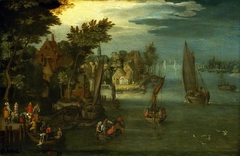 A Busy River Scene with Dutch Vessels and a Ferry by Anonymous