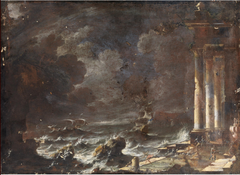A Coast Scene with Ruins and Shipwrecks