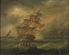 A frigate and a naval cutter chasing a French cutter, with a boat recovering a man overboard