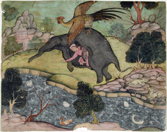 A man hides in an elephant skin and is carried off by a giant simurgh by Anonymous