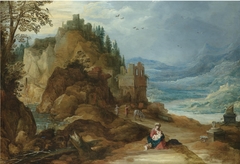 A mountainous river landscape with the Rest on the Flight into Egypt