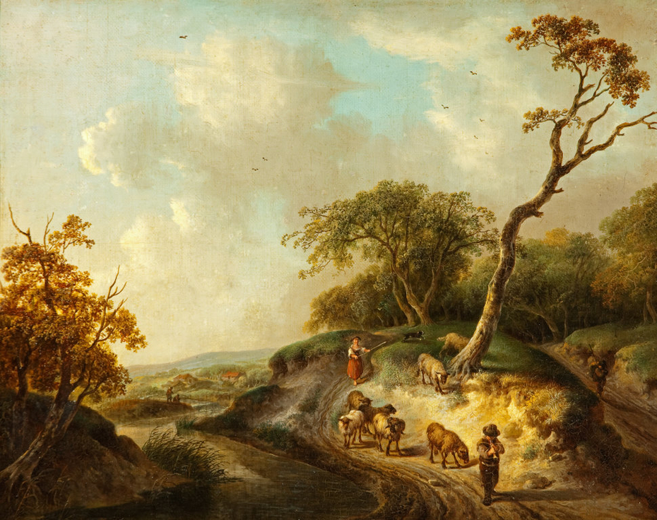 A Rustic Scene with Sheep and Shepherds