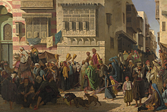 A Sheikh and his son entering Cairo on their return from a pilgrimage to Mecca by Robert Hawker Dowling