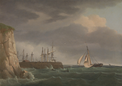 A Ship Running into Harbour with Other Craft at a Jetty by Thomas Whitcombe