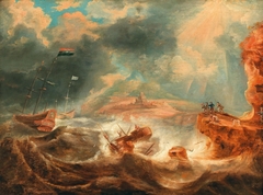 A shipwreck off a rocky coast by Jan Peeters I