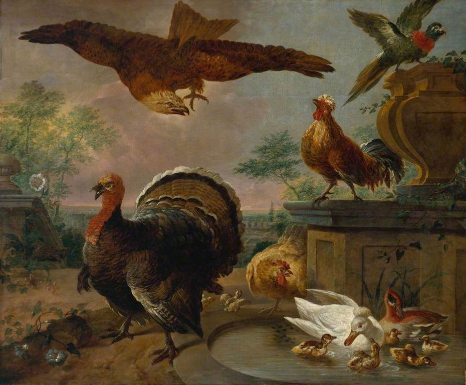 A Turkey and other Fowl in a Park