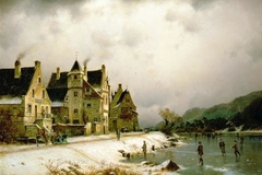 A Winter River Landscape with Figures Skating on the Ice by a Village by Johannes Bartholomäus Duntze