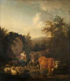 A Woman and a Child, Cattle and Sheep by a Fountain by Adriaen van de Velde