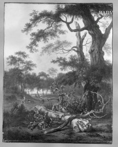 A wooded landscape with a fallen tree trunk, thistle and figures beyond by Jan Wijnants