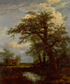 A wooded landscape with an oak tree, pond and houses beyond
