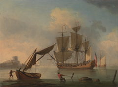 An English Sloop Becalmed near the Shore by Francis Swaine