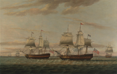 An Indiaman and a Two Decker Hove to, Said to be Thomas Dumar, Esq. in H.M. Ship 'Portland' Delivering the Leeward Island Convoy, in 1776 by Thomas Luny