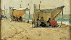 Beach with tents with figures by José Malhoa