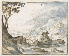 Bergachtig landschap met een houten brug by Abraham de Vries