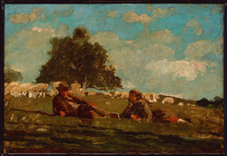Boy and Girl in a Field with Sheep