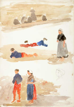 Costume Sketches, Terneuzen, Holland - Three Layers Of Figure Studies In Watercolour, With Pencil Head Study by Louisa Starr