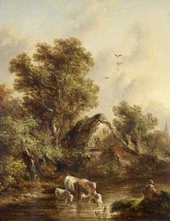 Cows watering by a Cottage among Trees by Richard H Hilder