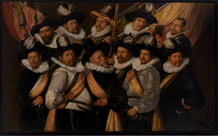 De officieren van de vier Goudse schuttersvendels onder leiding van kolonel Jan van Reijnegom. by Cornelis Ketel