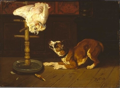 Een hond blaft tegen een kakatoe by Charles Verlat