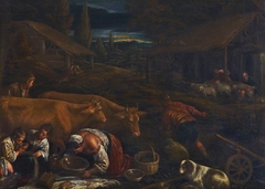 Farmyard Scene, with the Parable of the Sower by attributed to Leandro Bassano
