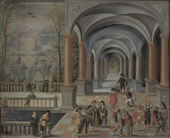 Festive Gathering and Figures from a Commedia dell'Arte in a Gallery