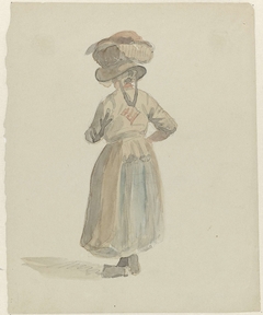 Figuurstudie van een vrouw met een mand op het hoofd, van achteren by Adrianus Eversen