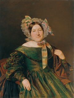Frau in grünem, lachsrot changierendem Kleid by Ferdinand Georg Waldmüller