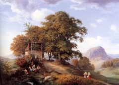 Gebirgige Landschaft mit Baumgruppe und Kapelle, im Hintergrund der Borschen by Ernst Ferdinand Oehme