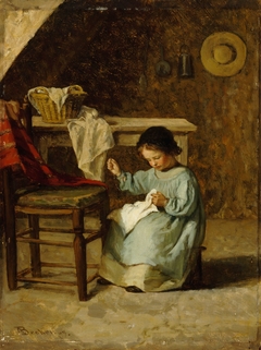 Girl Sewing by Adolf von Becker