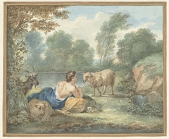 Herderin met schapen in een landschap met een meertje by Aert Schouman