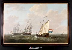 Het jacht van de Kamer Rotterdam van de Verenigde Oostindische Compagnie (VOC) begroet een Rotterdamse Oostindiëvaarder en een Nederlands oorlogsschip op de rede van Hellevoetsluis. by Jacob van Strij