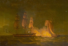 'Hibernia' beating off the privateer 'Comet', 10 January 1814: on quarter by Thomas Whitcombe