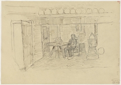 Interieur met jongen zittend aan een tafel by Jozef Israëls