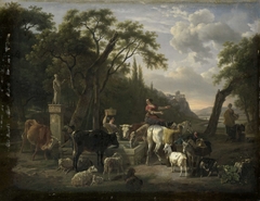 Italian Landscape with Shepherds and Animals at a Fountain by Jean Louis Demarne