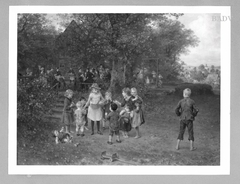 Ländlicher Wirtshausgarten mit Kindergruppe