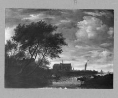 landscape (River ) with tree, church and cowes by Salomon van Ruysdael